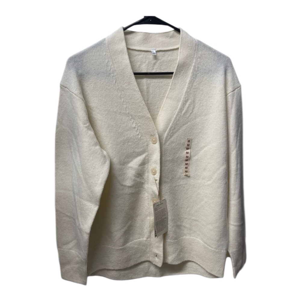 Cream V-Neck Cardigan Sweater Merino Wool Knitted Wool Mid Gauge Sz M Muji